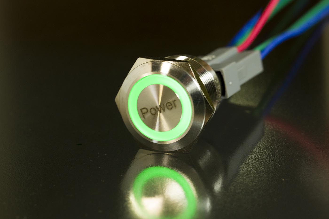 Einbauschalter - / Taster 22 mm Ring LED Lasergravur "Power"