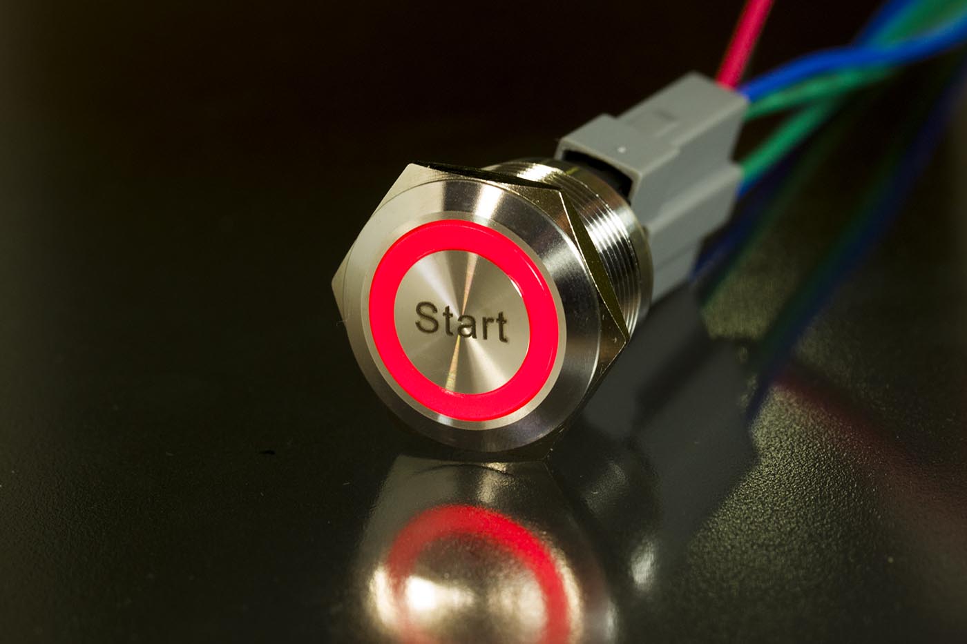 Einbauschalter - / Taster 22 mm Ring LED Lasergravur "Start"