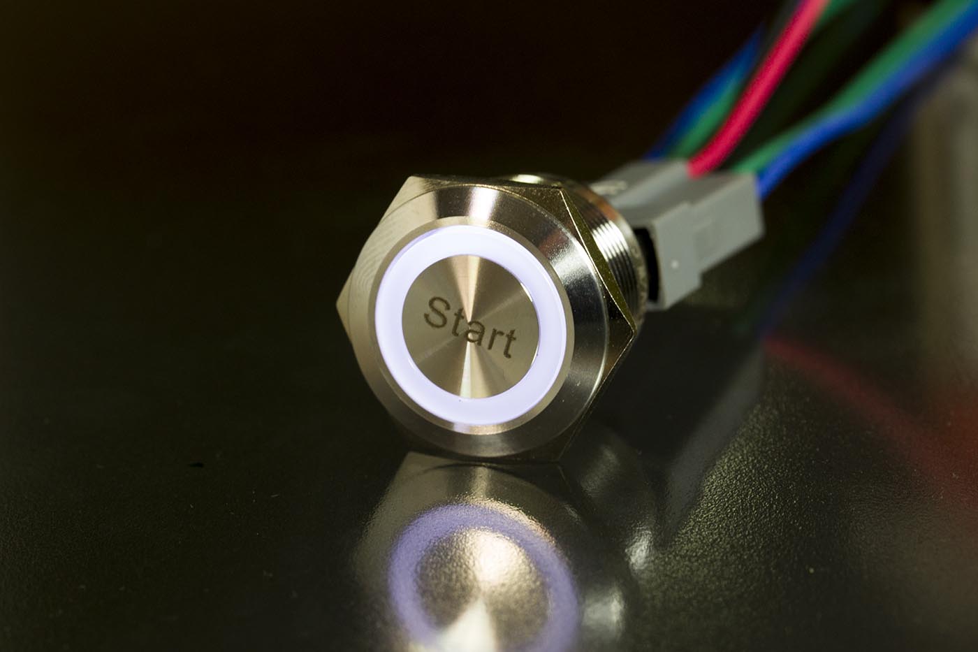 Einbauschalter - / Taster 22 mm Ring LED Lasergravur "Start"