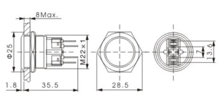 Einbauschalter - / Taster 22 mm Edelstahl Ring LED