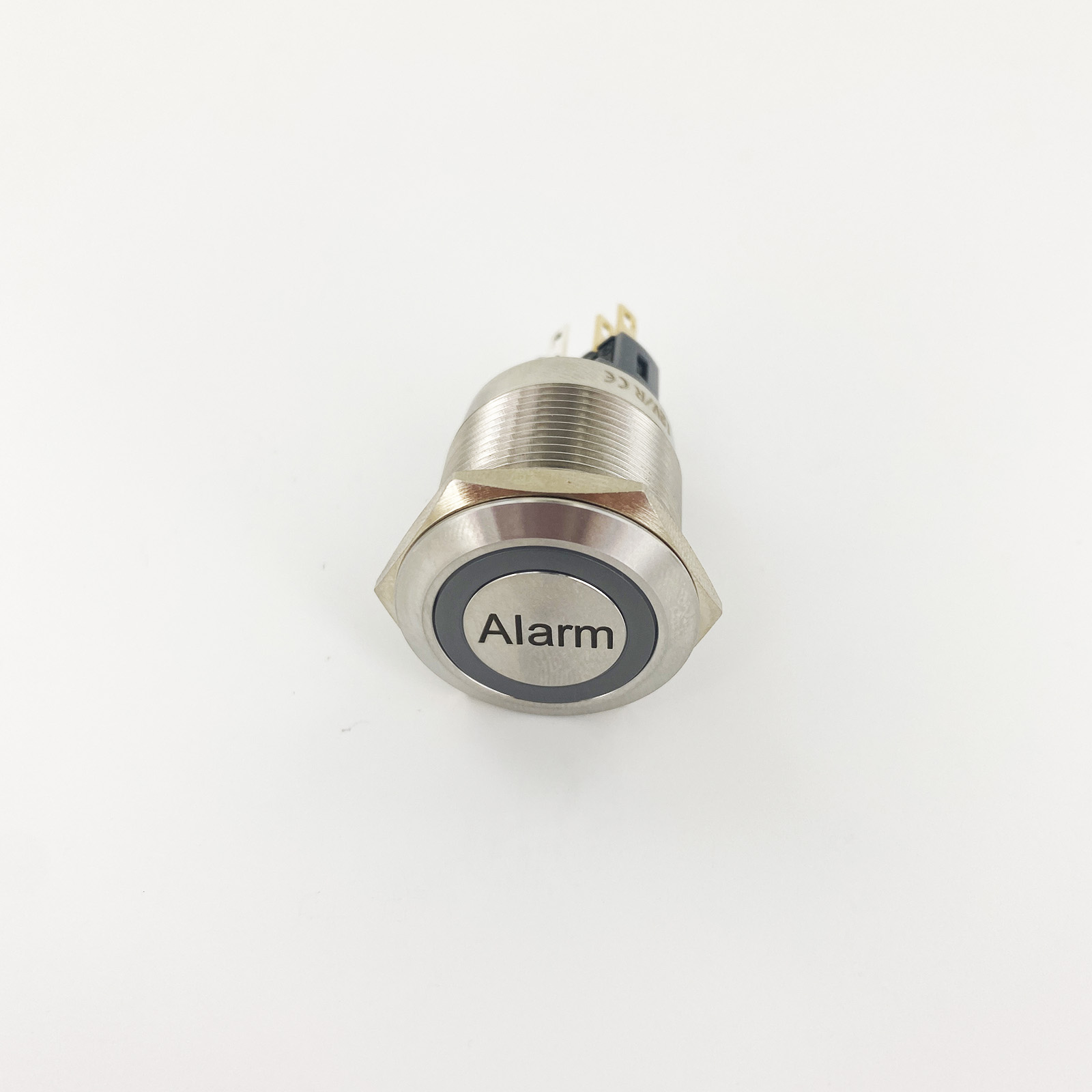 Einbauschalter - / Taster 22 mm Ring LED Lasergravur "Alarm"