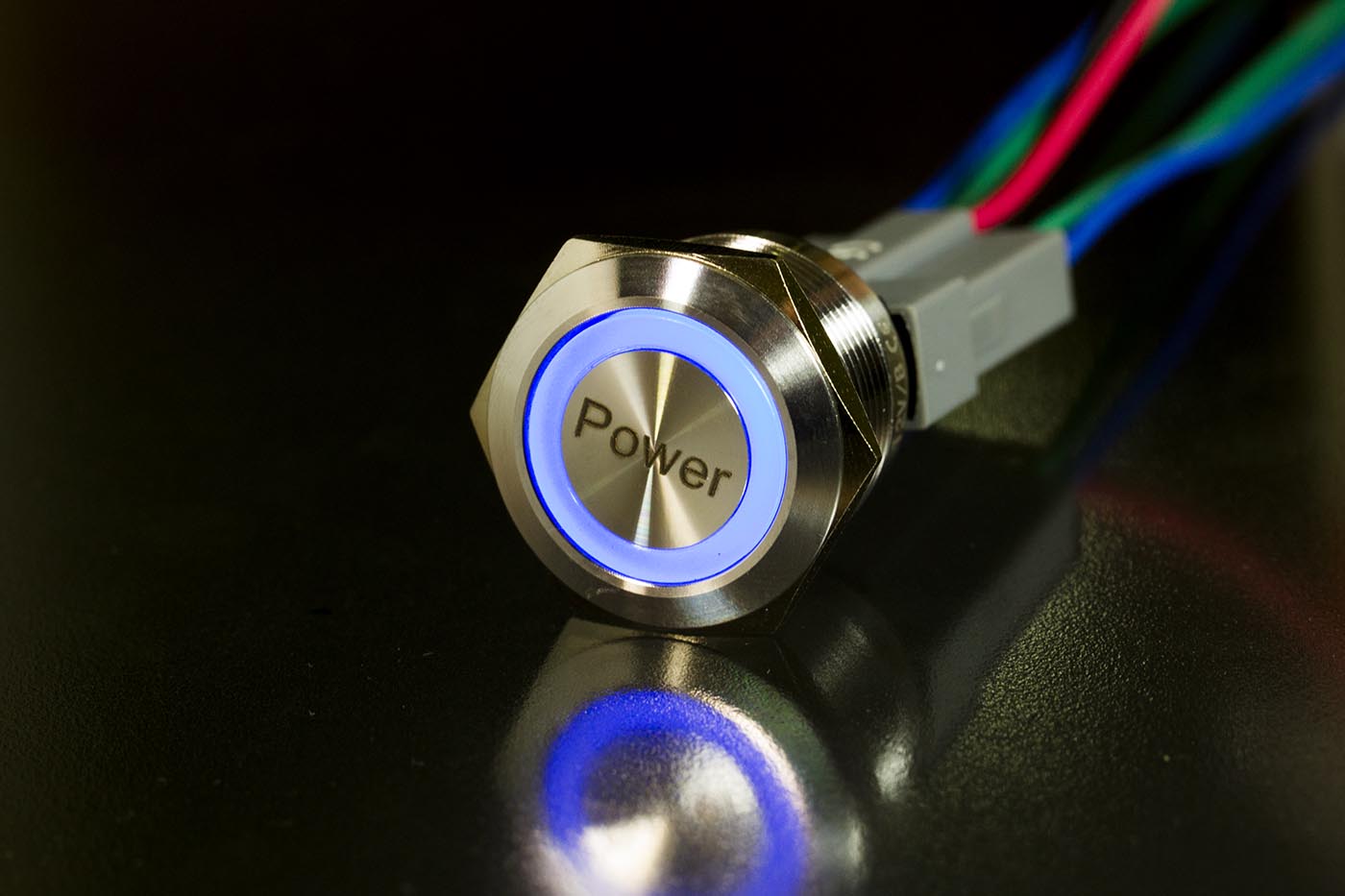 Einbauschalter - / Taster 22 mm Ring LED Lasergravur "Power"