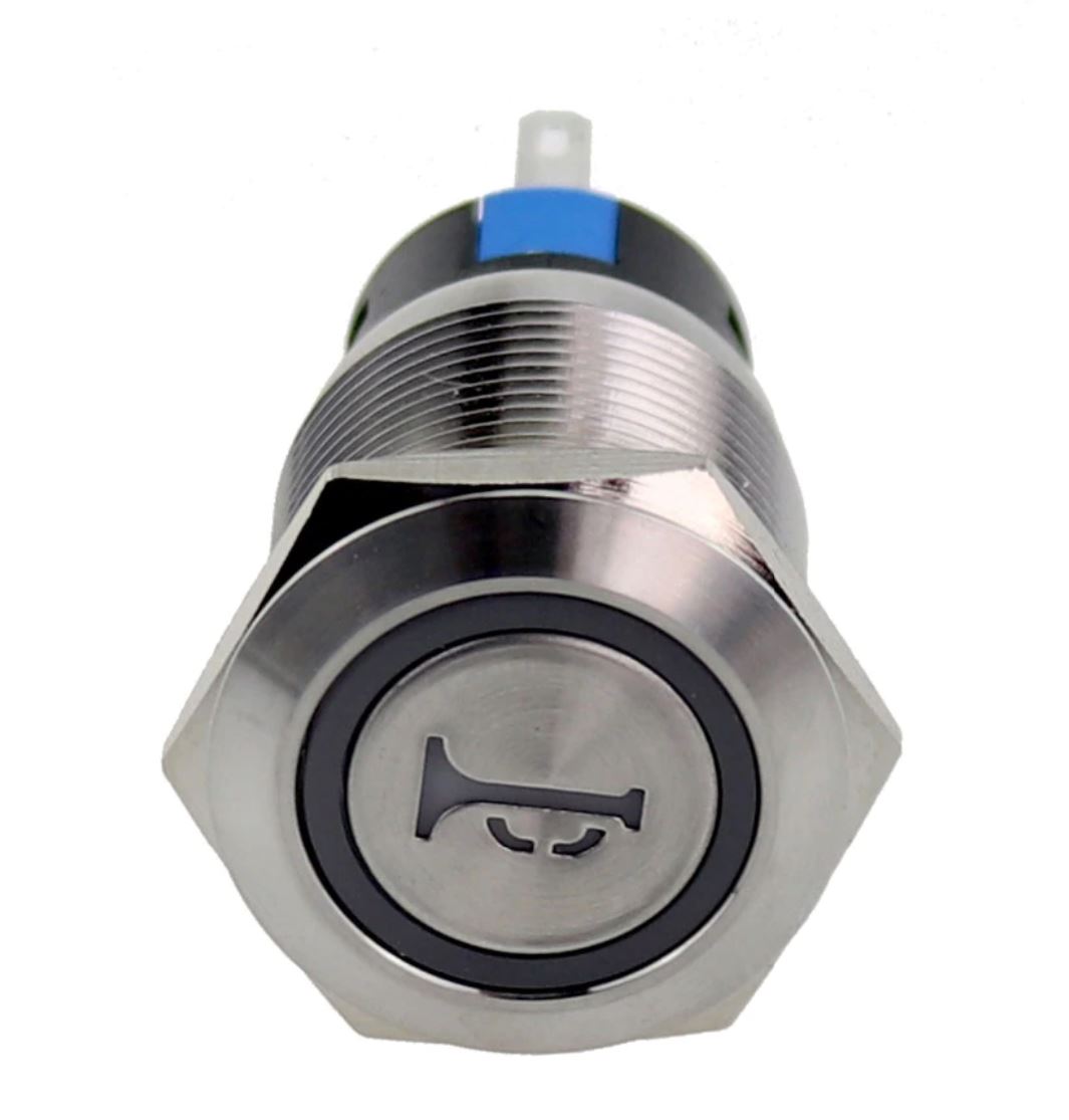 Einbauschalter - / Taster 19 mm Edelstahl Hupen-Symbol LED